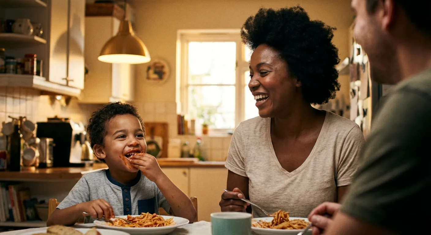 A parent and child at a dinner table, relaxed and talking, the child eating freely