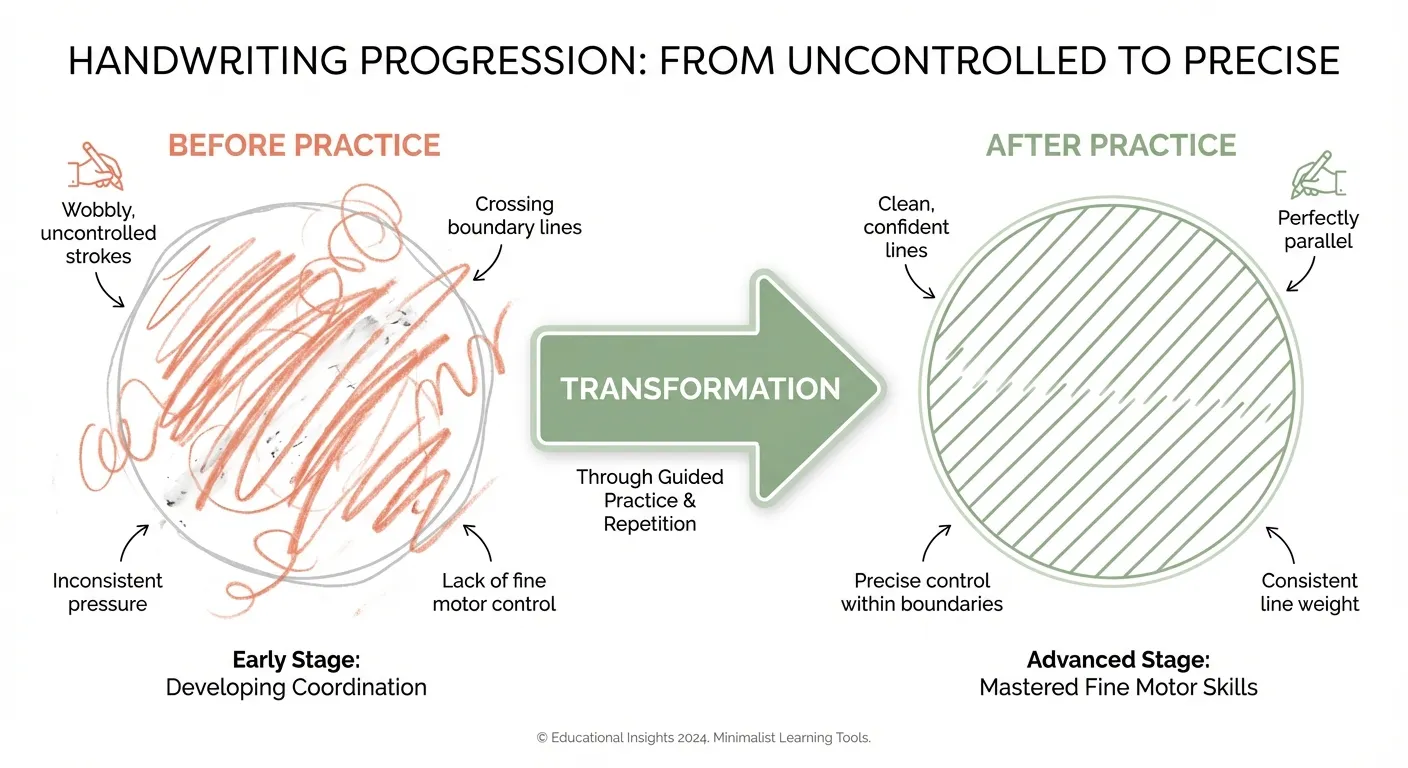 Before and after progression showing improvement from wobbly uncontrolled strokes to clean precise parallel lines