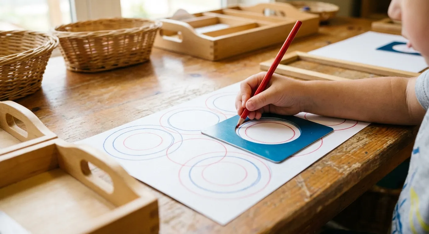 Child tracing geometric metal insets with colored pencils on a wooden Montessori table