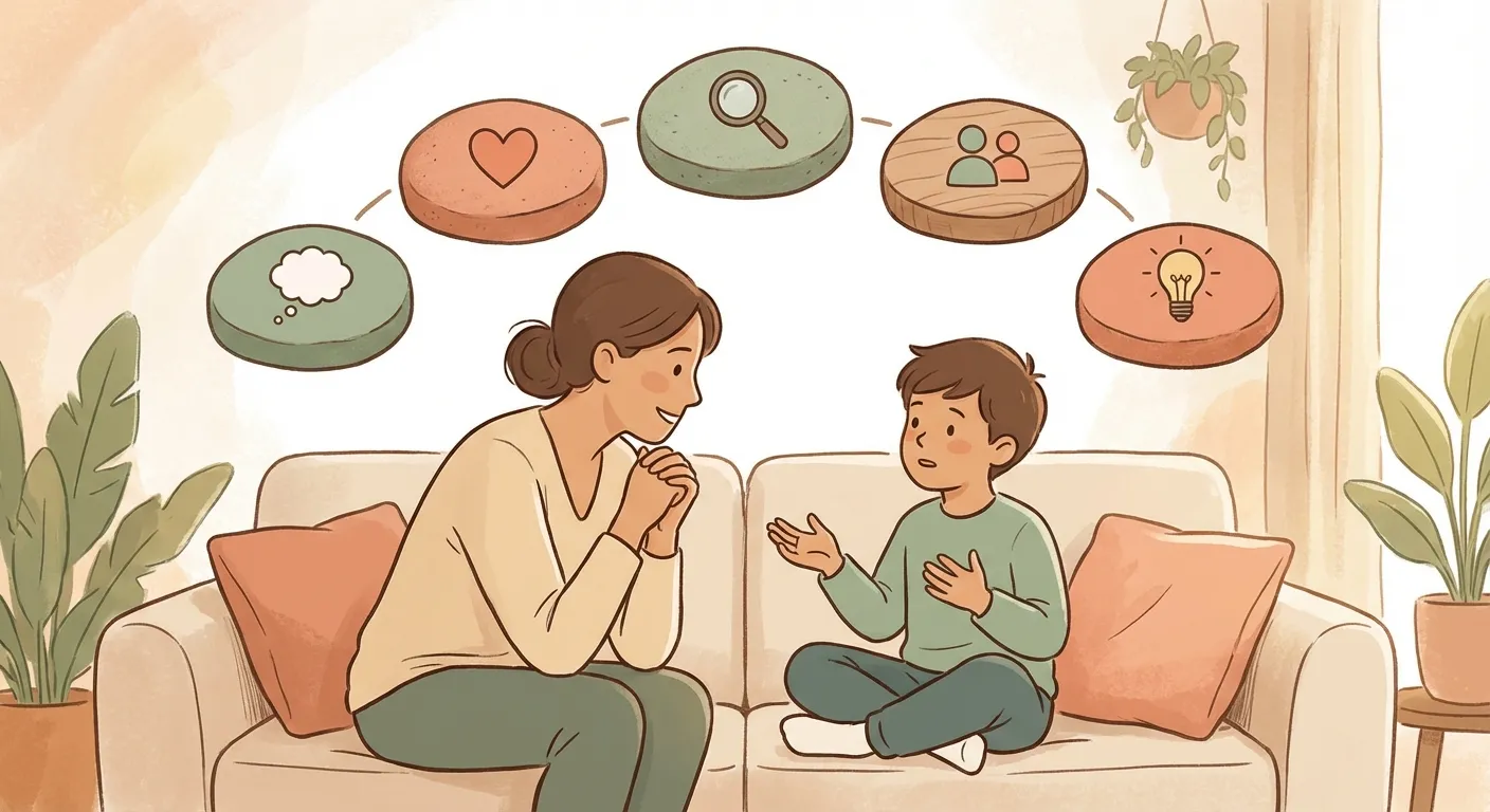 A parent and child sitting together, having a calm and curious conversation about what happened