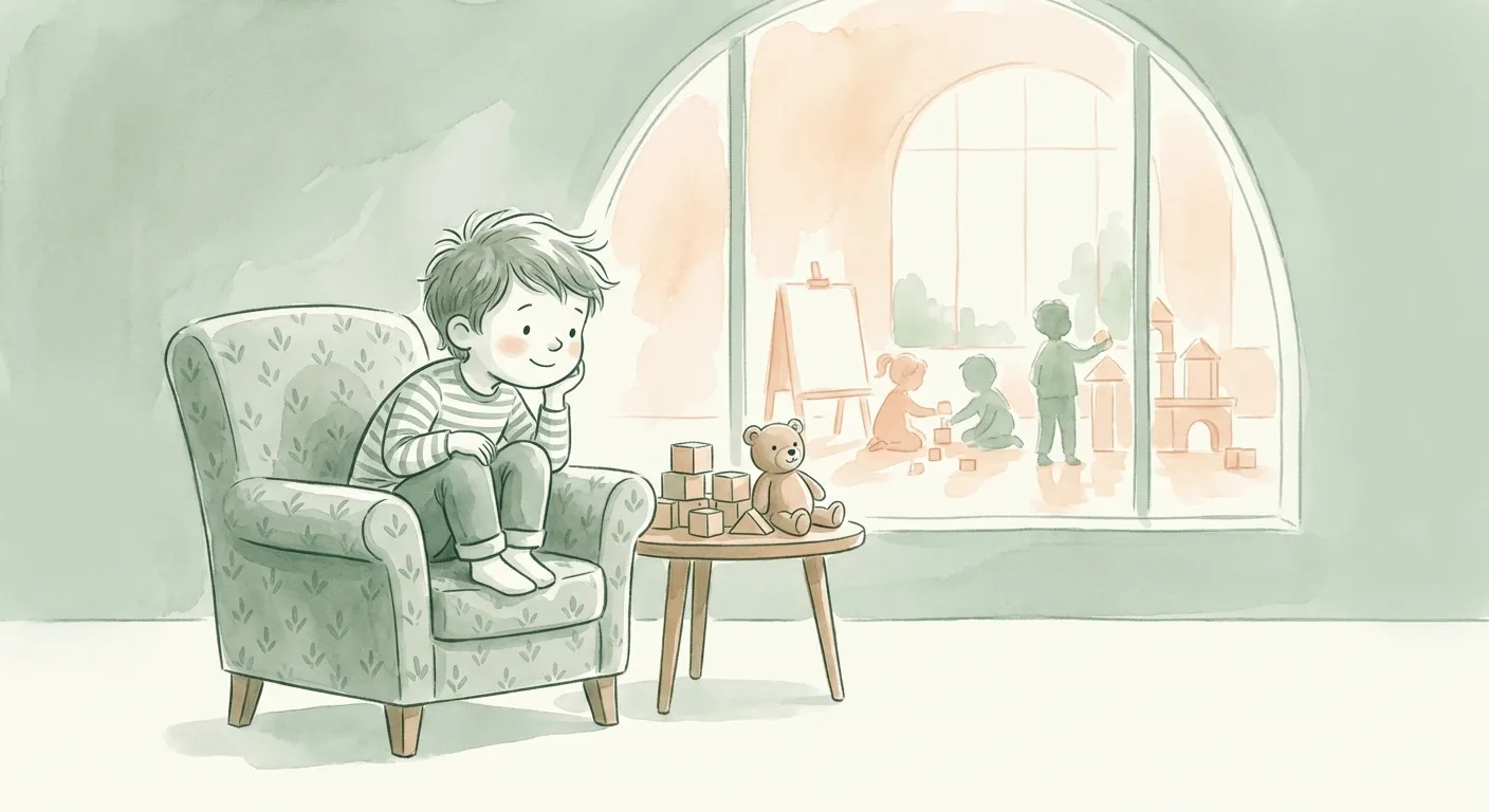 A child sitting in a cozy chair, watching other children working together with fascination