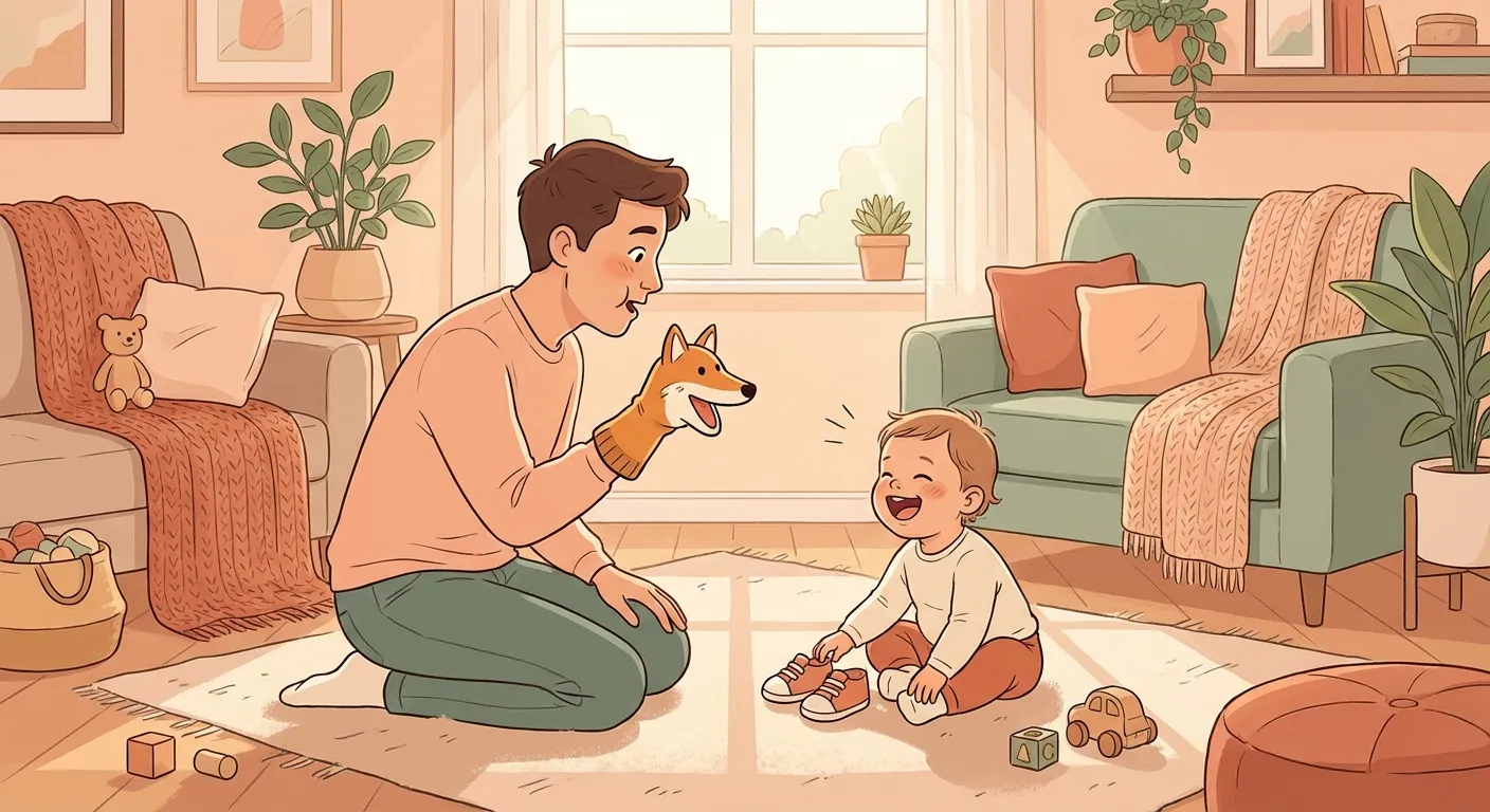 Playful parent using a sock puppet with a laughing child