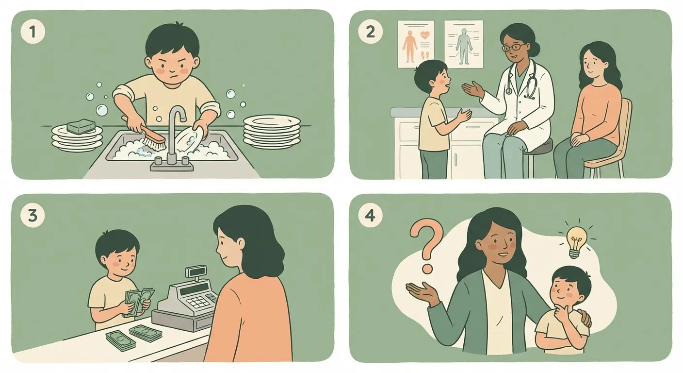 Four illustrated action cards showing the weekly moves: give real responsibility, bite your tongue, hand them cash, ask instead of tell