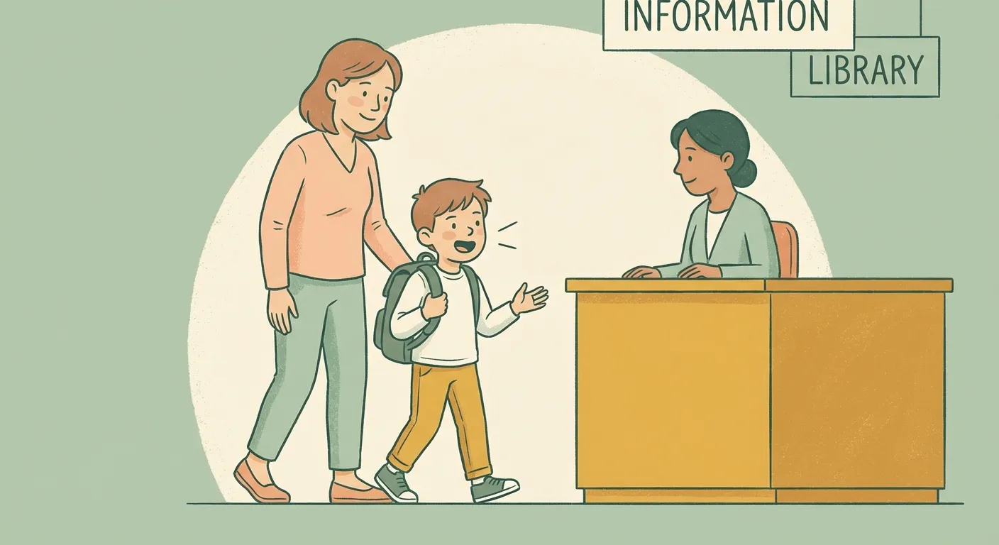 Parent standing a step behind their child who is confidently speaking to an adult at a counter