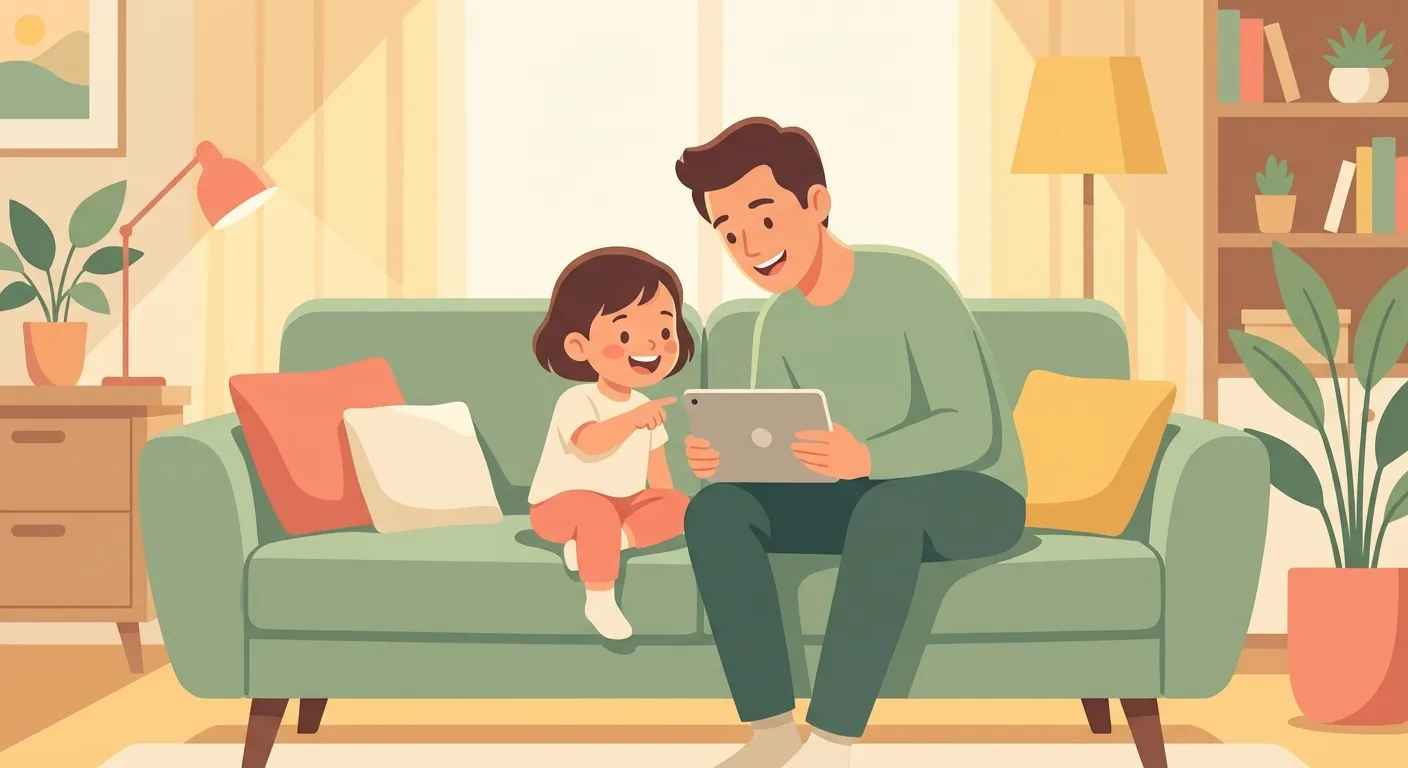 Parent and child looking at a tablet together on a couch