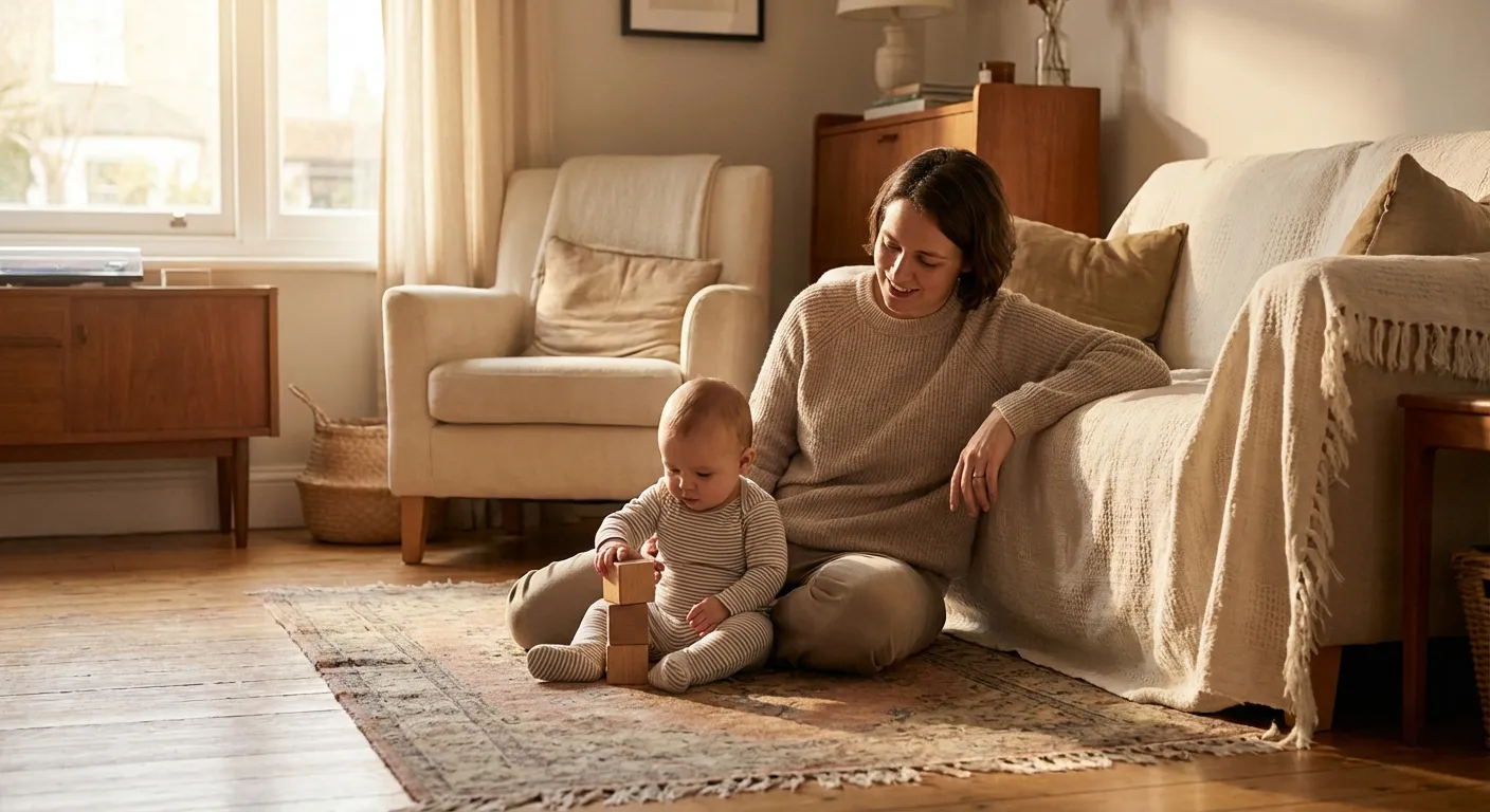 Parent sitting on the floor, calmly watching baby play