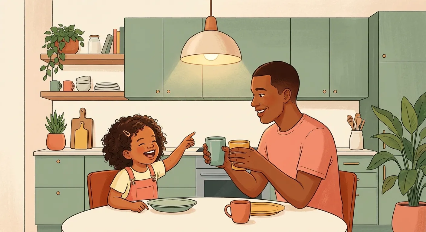 Parent and child laughing together at the dinner table during a playful conversation game