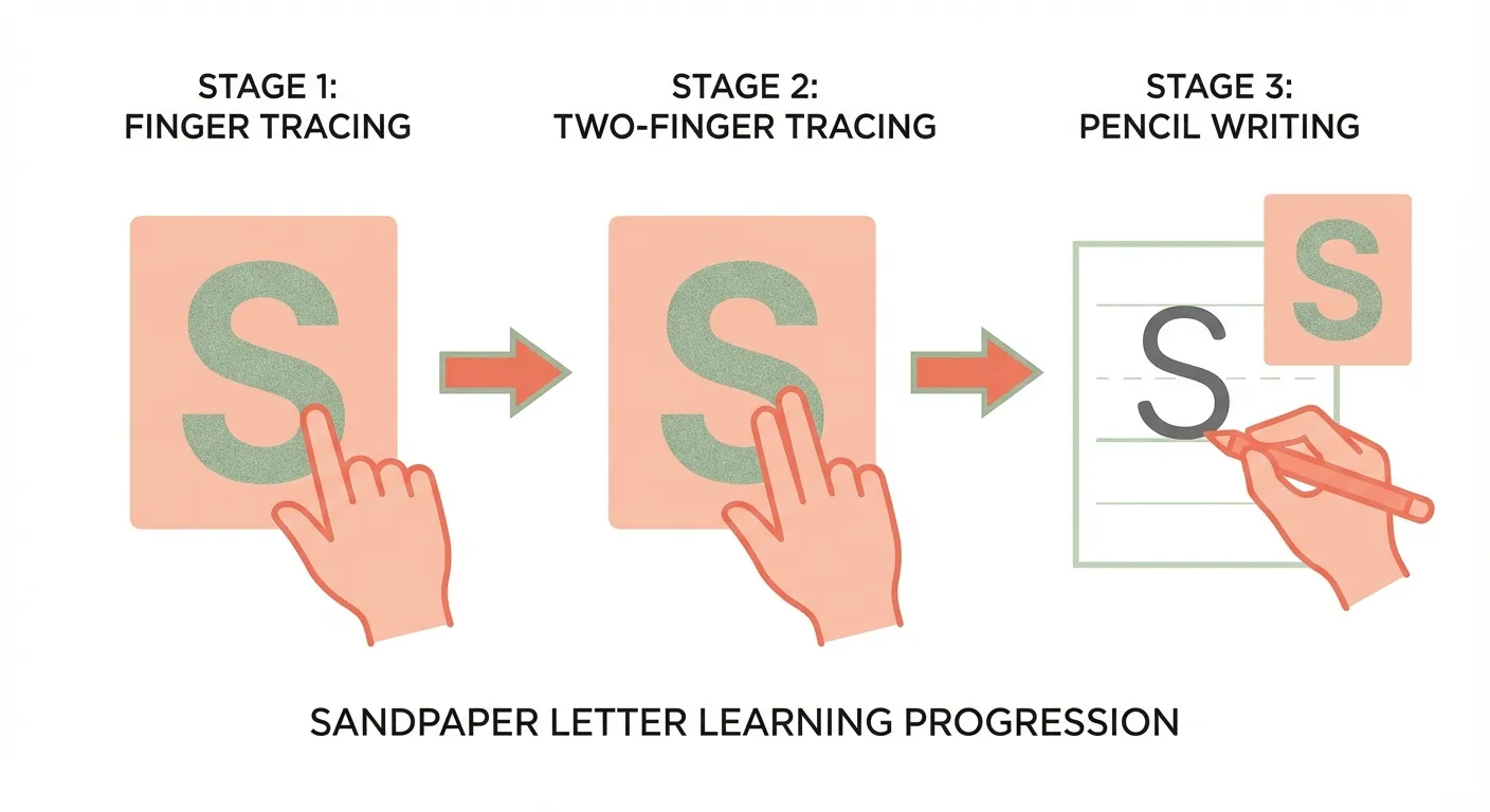Progression from finger tracing to two-finger tracing to pencil writing