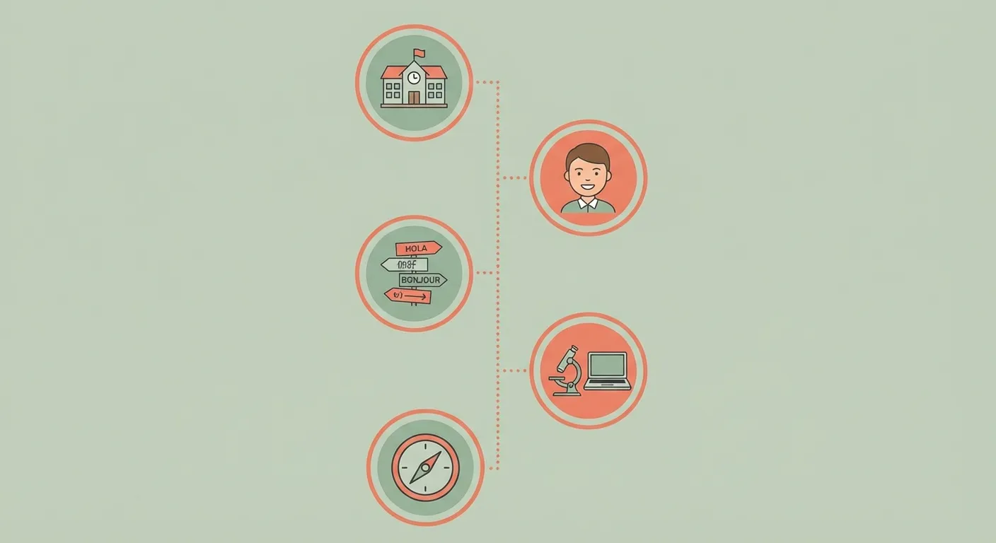 Visual guide showing five school evaluation signals: leadership, teachers, visual cues, resources, counselors