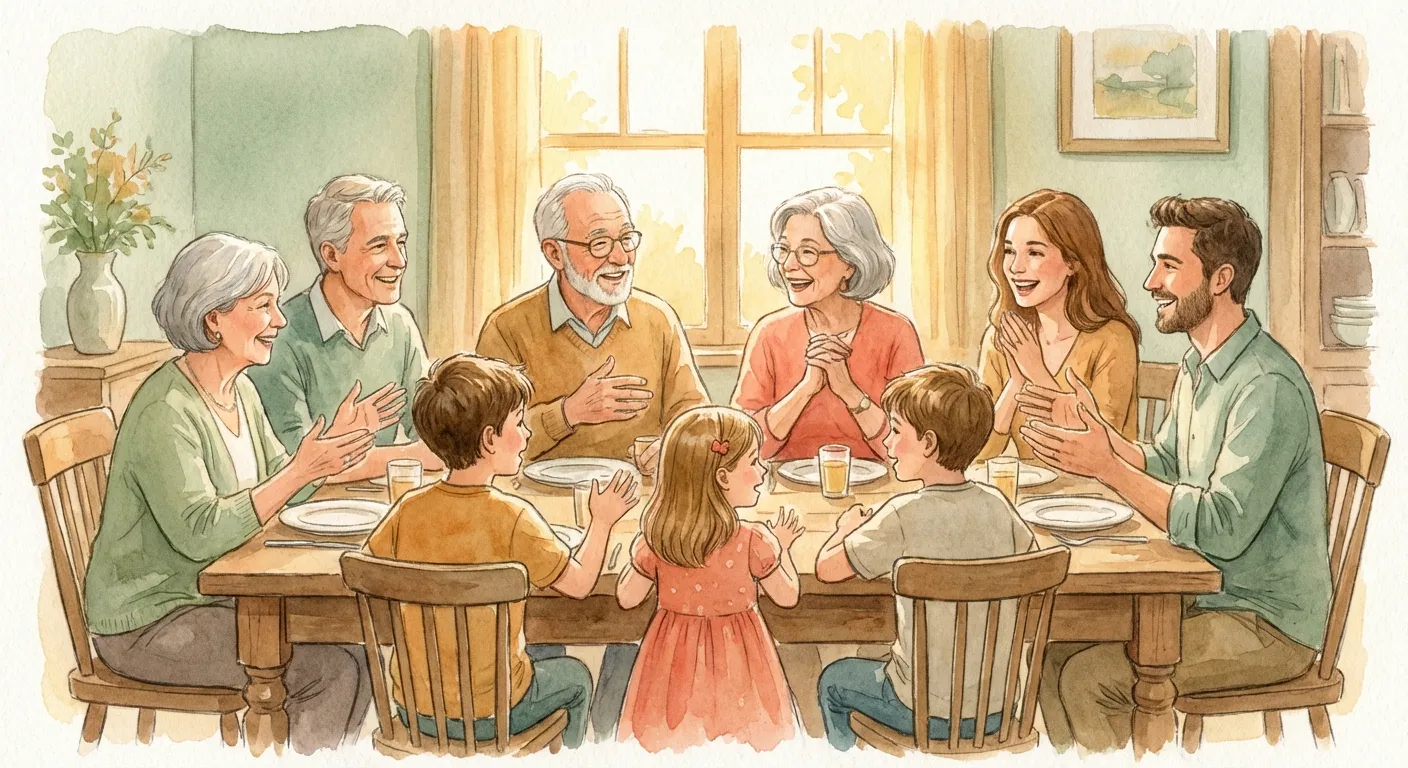 A family at dinner having an animated conversation, warmth and connection visible, words flowing between two languages