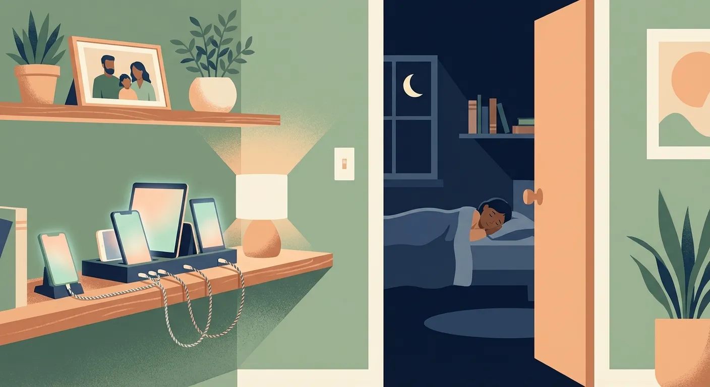 Illustration of a child doing a playful ninja crawl through a moonlit hallway toward a charging station