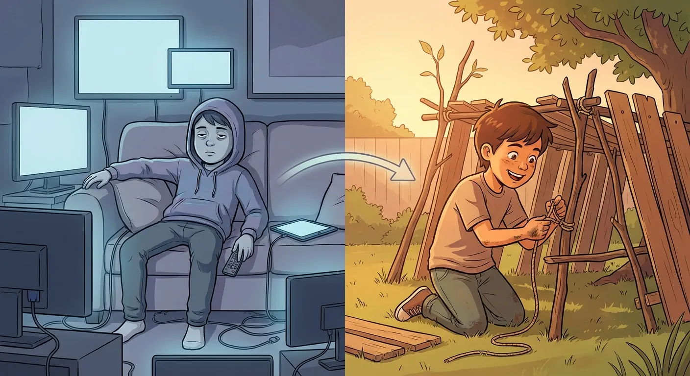 Split illustration: a bored child surrounded by screens on the left, the same child building something outdoors on the right
