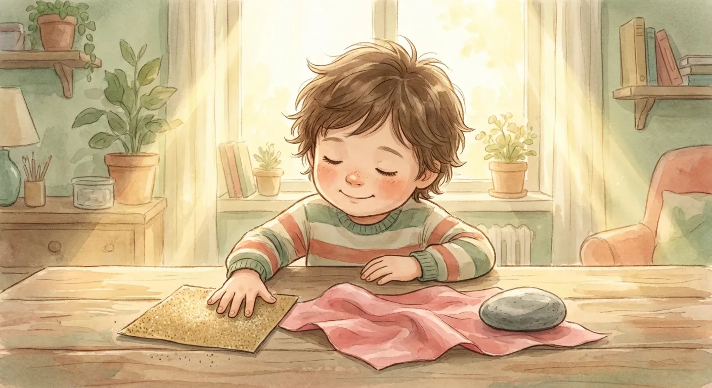 A child with closed eyes gently touching textured surfaces on a wooden table in warm sunlight