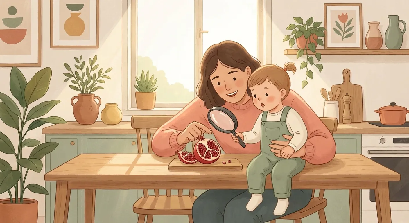 Parent and child examining food together with curiosity at a kitchen table