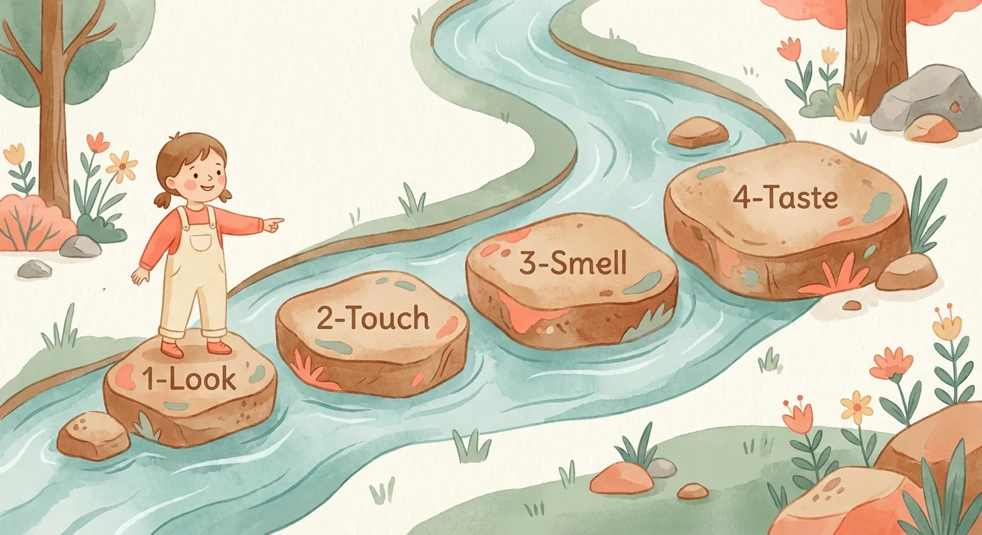 Diagram showing four stepping stones: Look, Touch, Smell, Taste