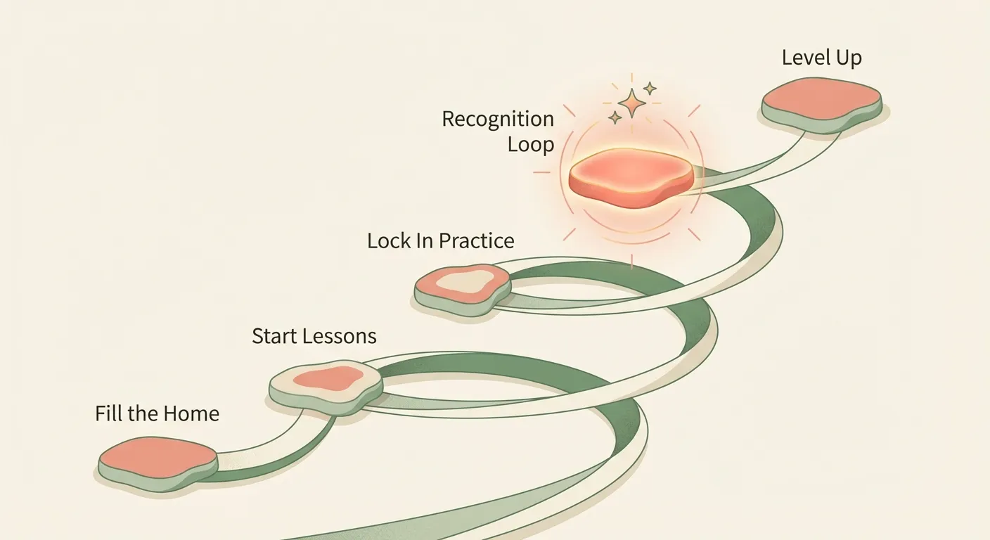 Five ascending phases: Fill the Home, Start Lessons, Lock In Practice, Recognition Loop, Level Up