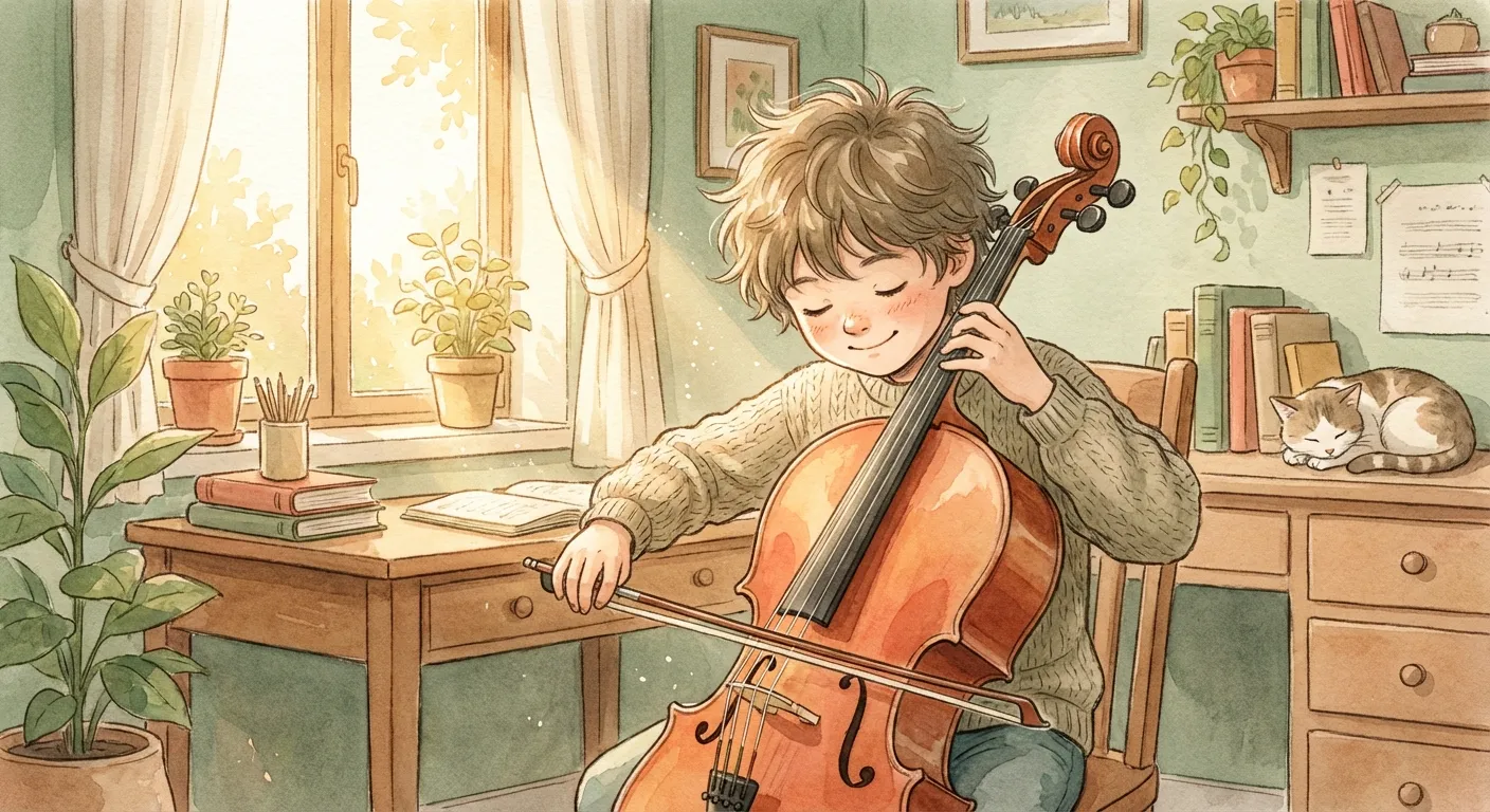 A child practicing at an instrument in morning light, focused and content