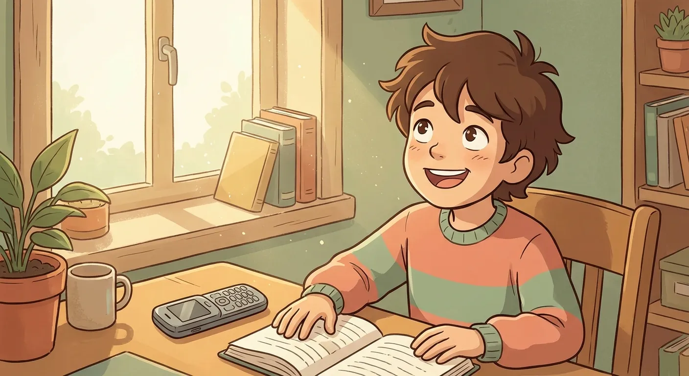 A happy child engaged with real life, basic phone nearby