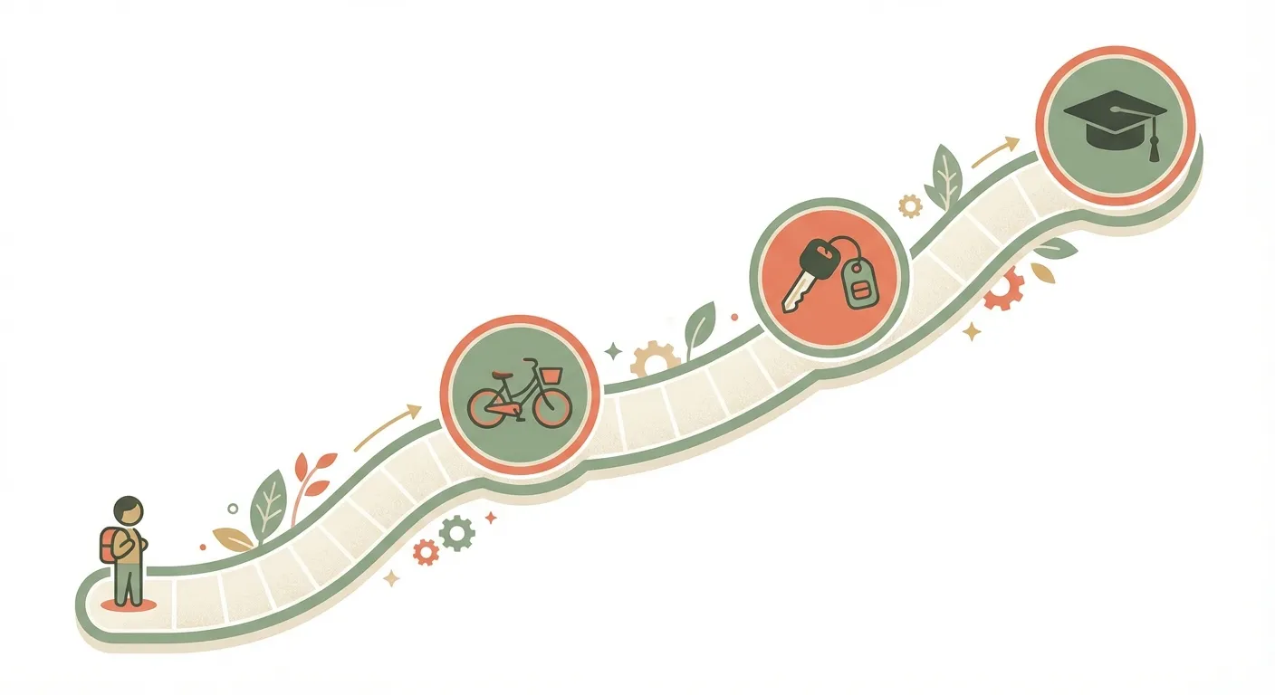 A roadmap showing developmental milestones from childhood to independence