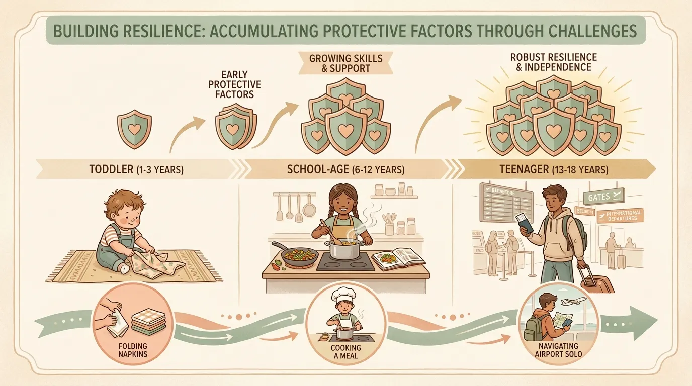 Timeline showing children growing from toddler to teen, each stage adding protective shields