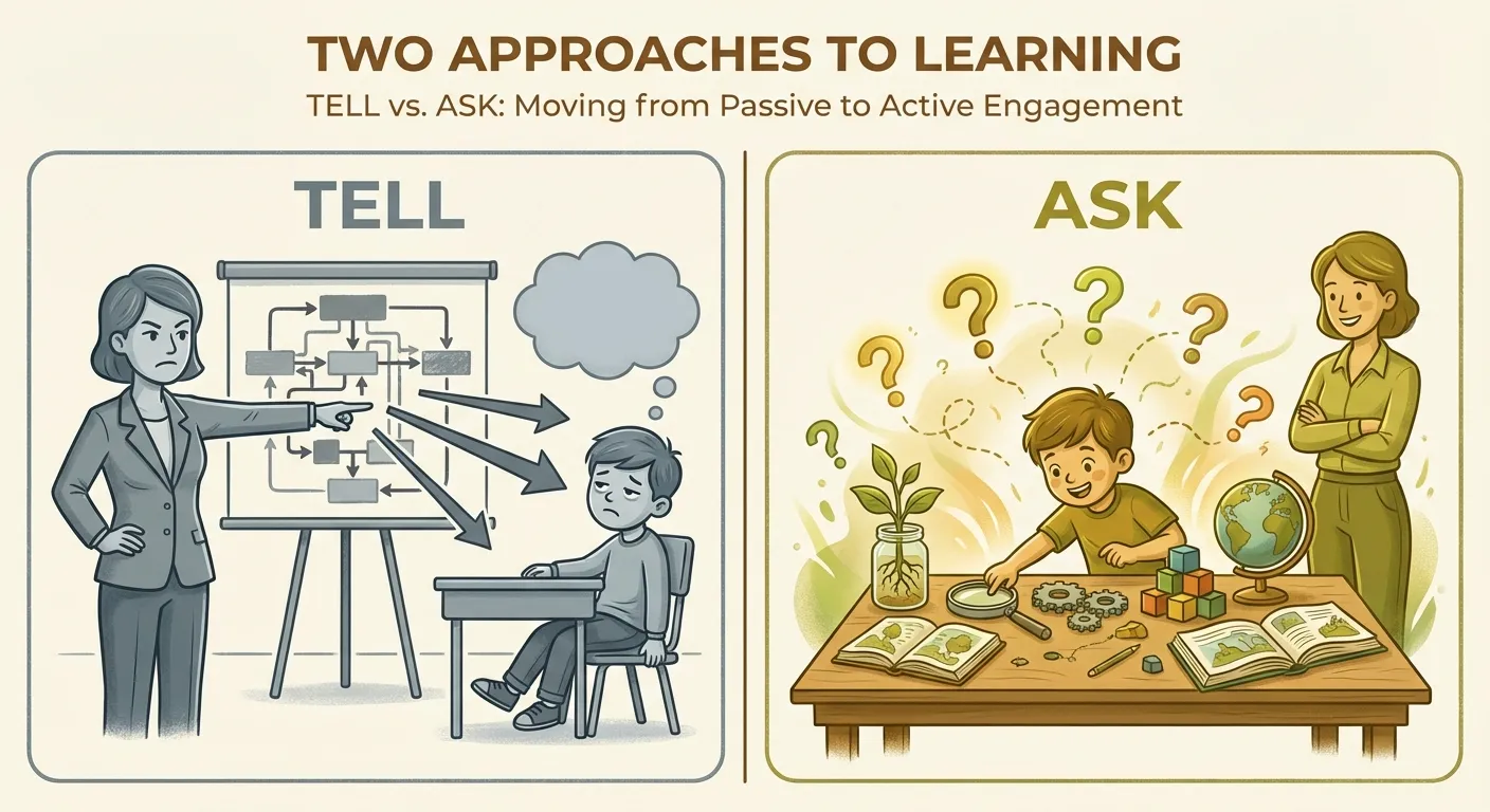 Diagram comparing tell approach vs ask approach