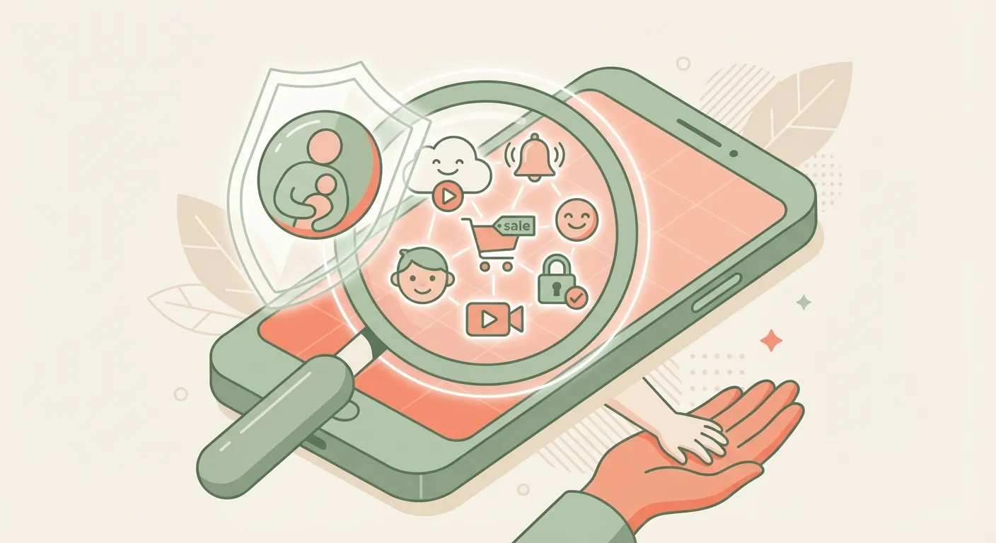 Illustration of a magnifying glass examining a phone, revealing hidden ads, notifications, and streaming icons inside