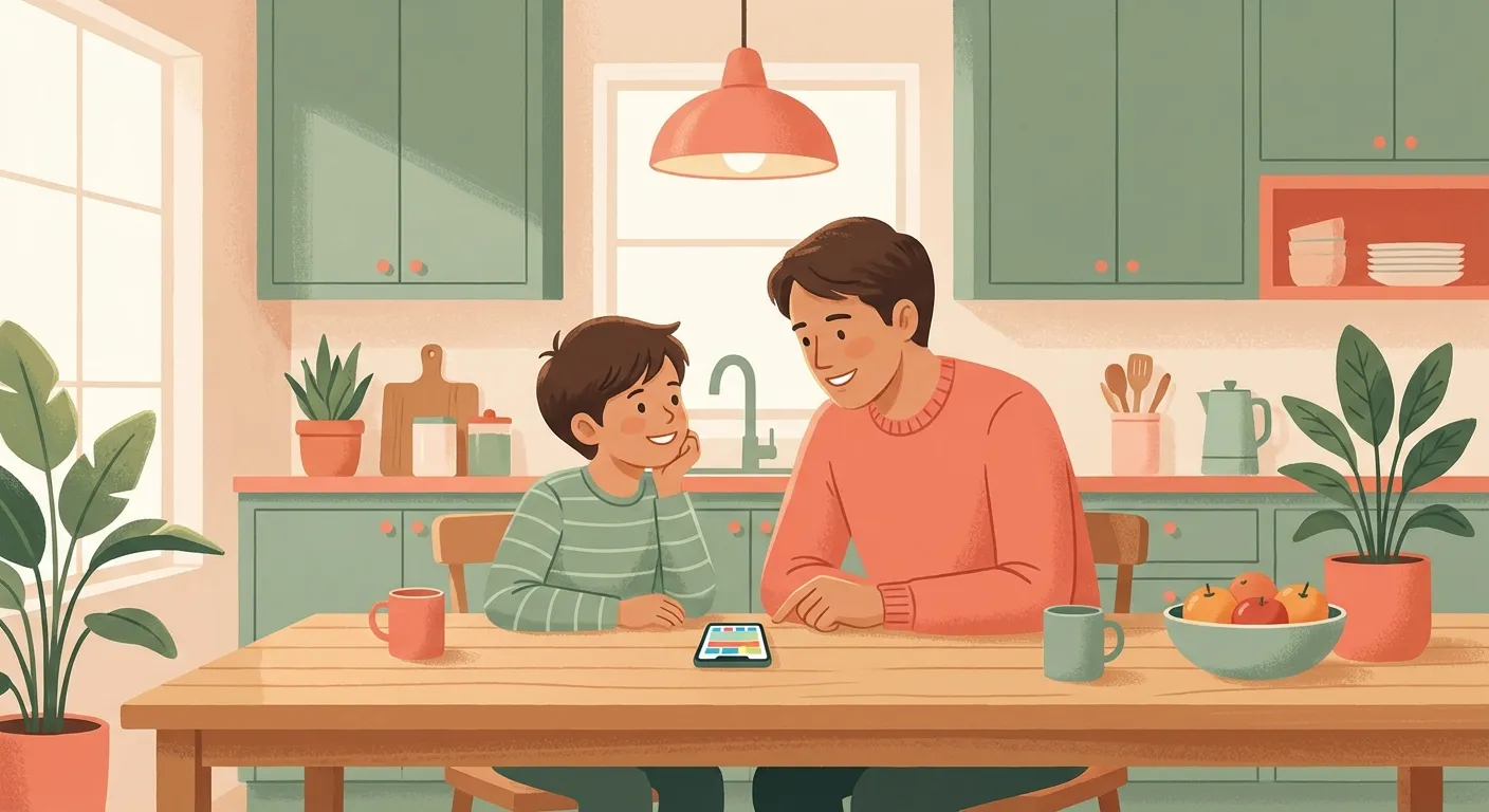 Warm illustration of a parent and child sitting at a kitchen table, calmly discussing a phone together