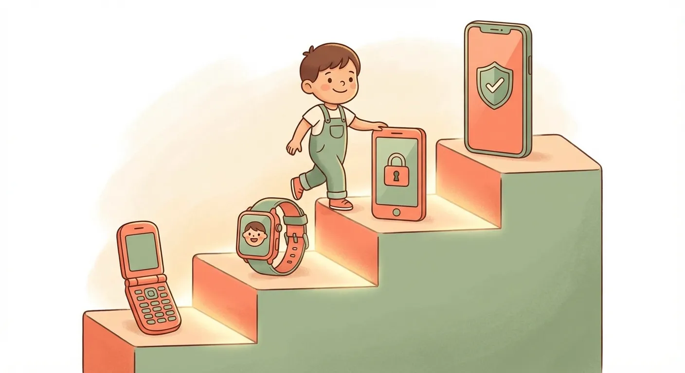 Illustration of a child climbing stairs, each step showing a progressively more advanced phone device