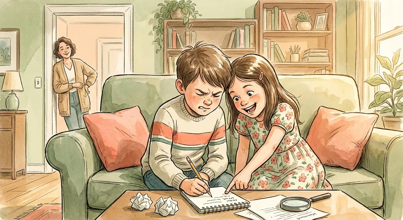 Two siblings collaborating to solve their own problem while a parent watches proudly from the background