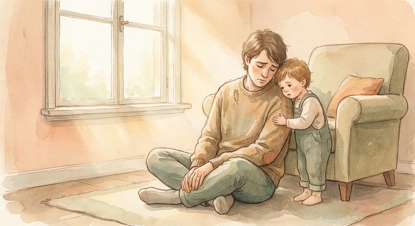 A parent sitting on the floor looking overwhelmed while a small child comforts them -- the invisible role reversal