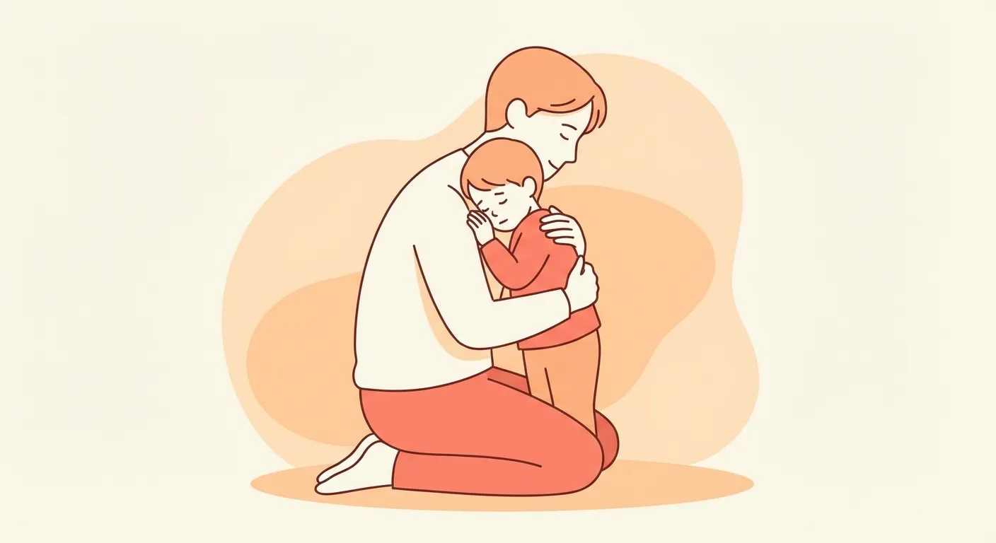 Parent sitting on the floor holding a child close, warm light through a window