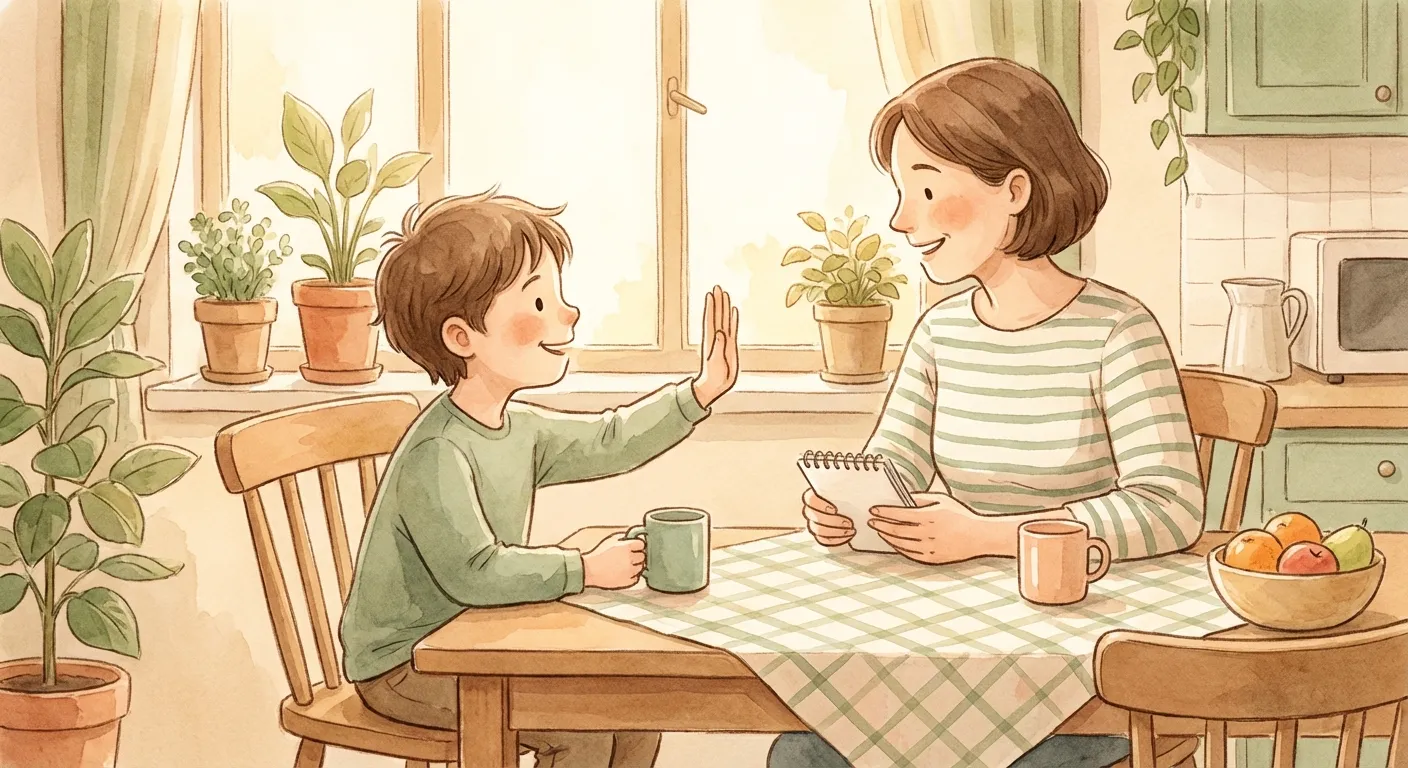 Parent and child practicing a conversation at the kitchen table