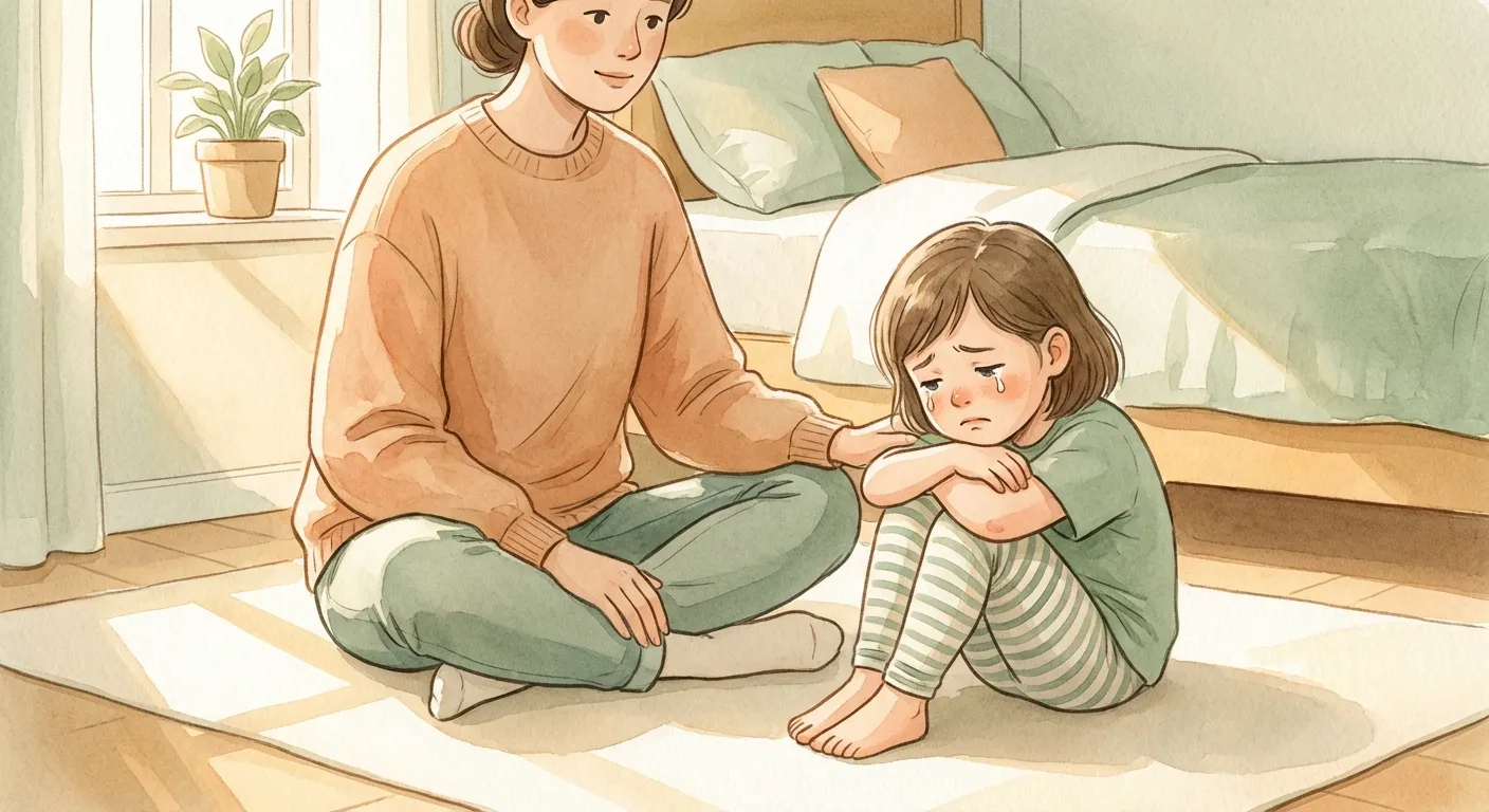 Parent sitting calmly with an upset child on a bedroom floor, being present without trying to fix anything
