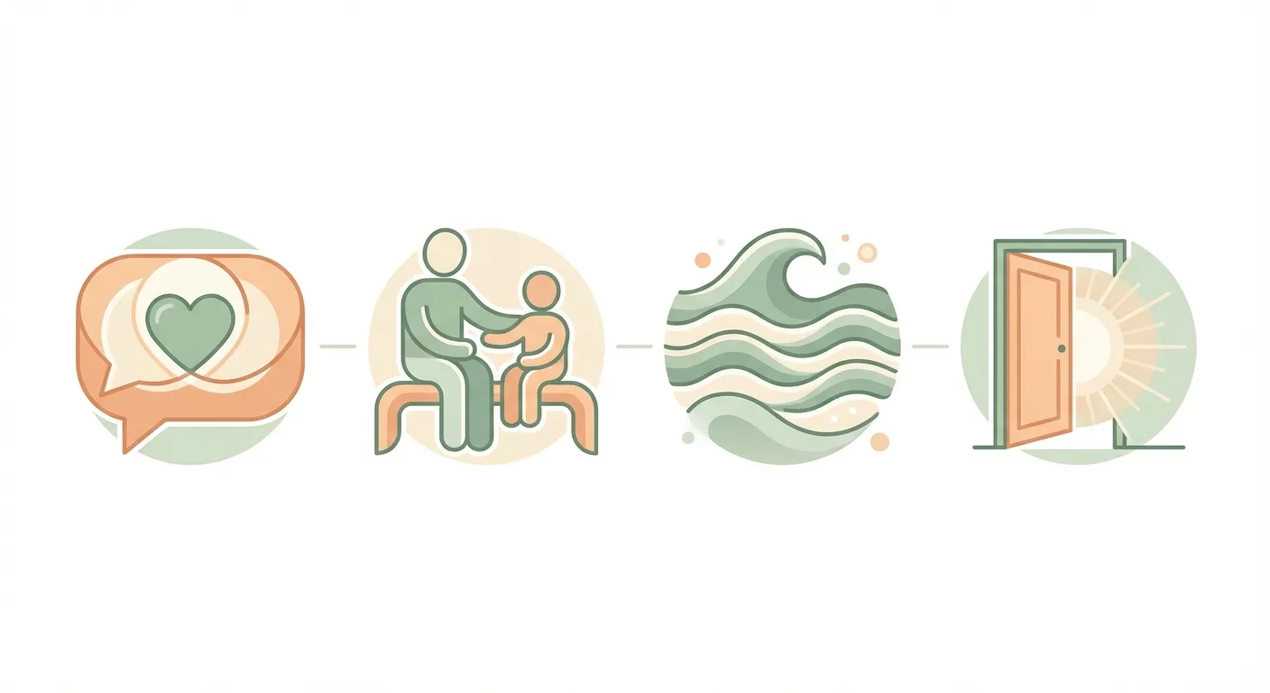 Four icons representing the OPEN method: honest speech, being present, waves of grief, and an open door for all feelings