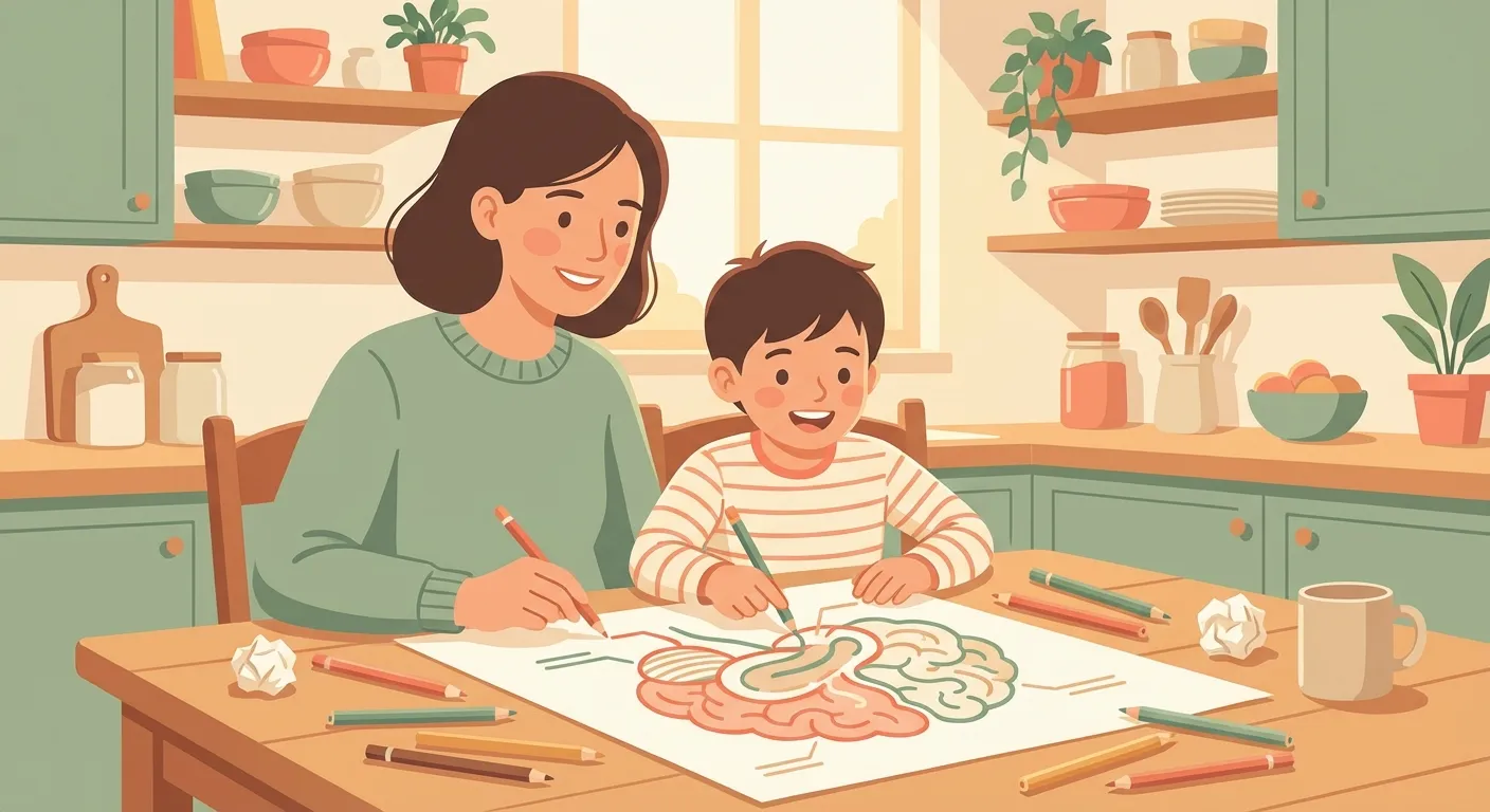 Parent and child drawing a brain together at the kitchen table