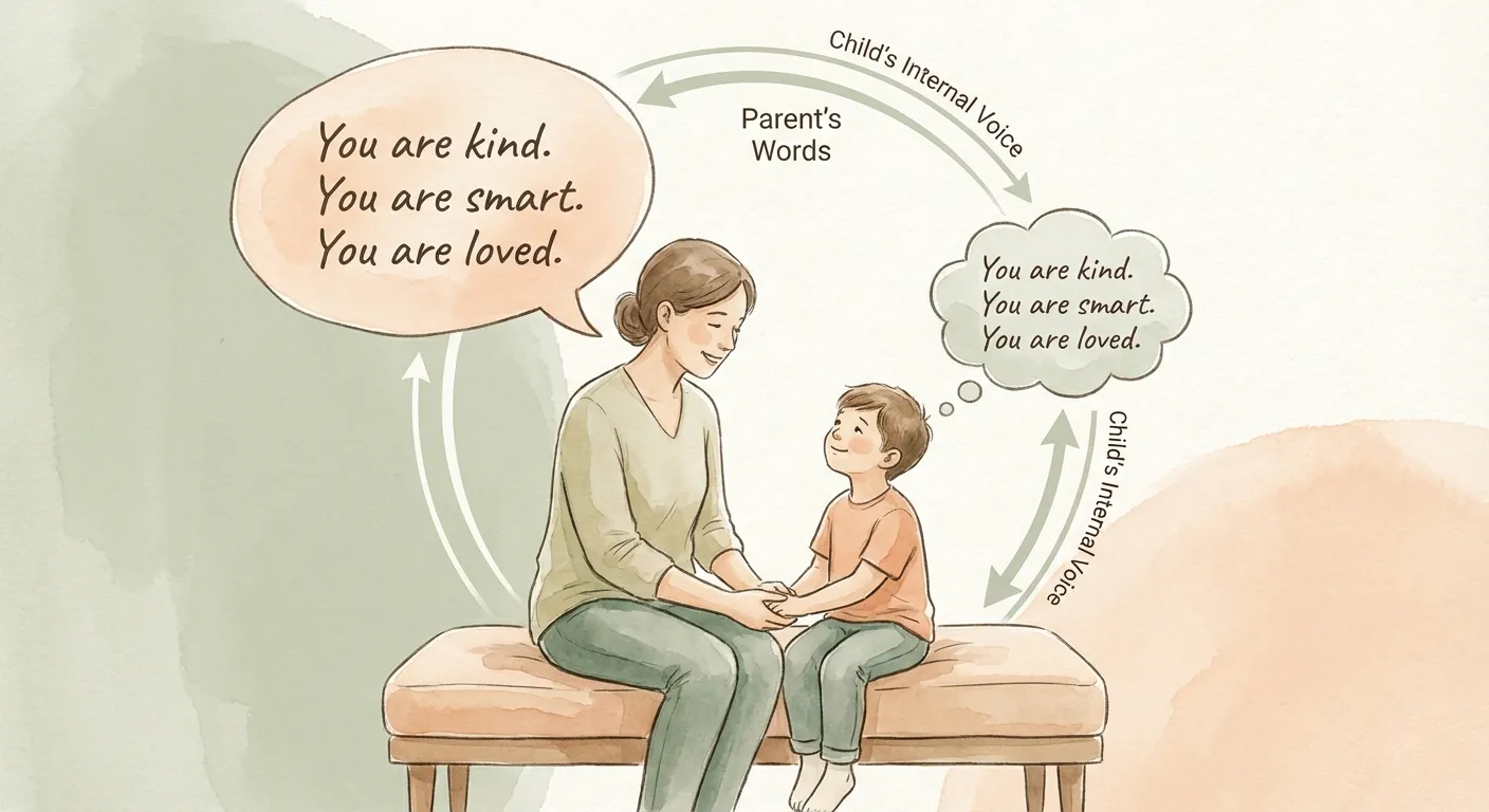 Parent speaking kind words that echo as the child's inner thoughts