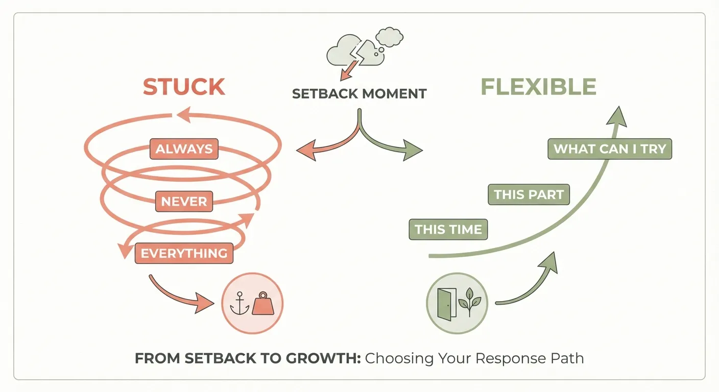 Diagram showing stuck thinking spiraling down versus flexible thinking arcing upward