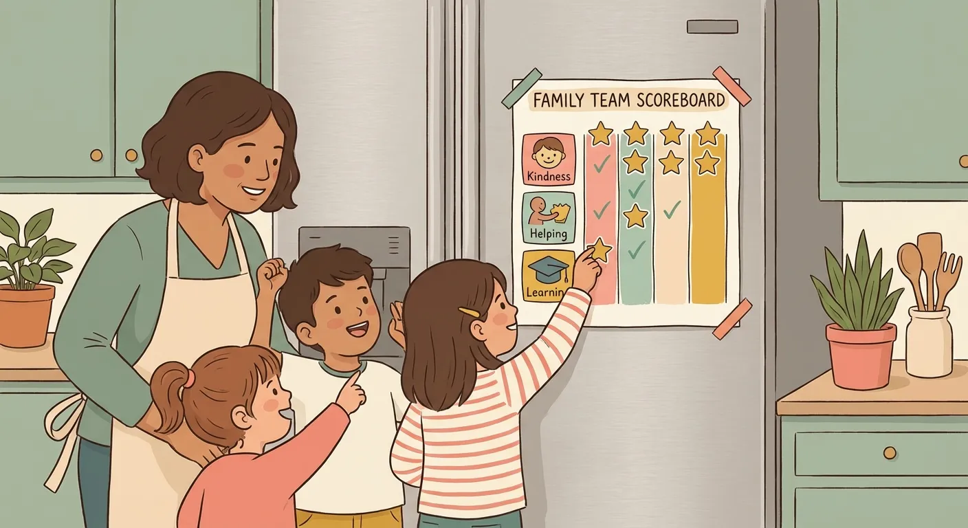 Family looking at team scoreboard on the fridge