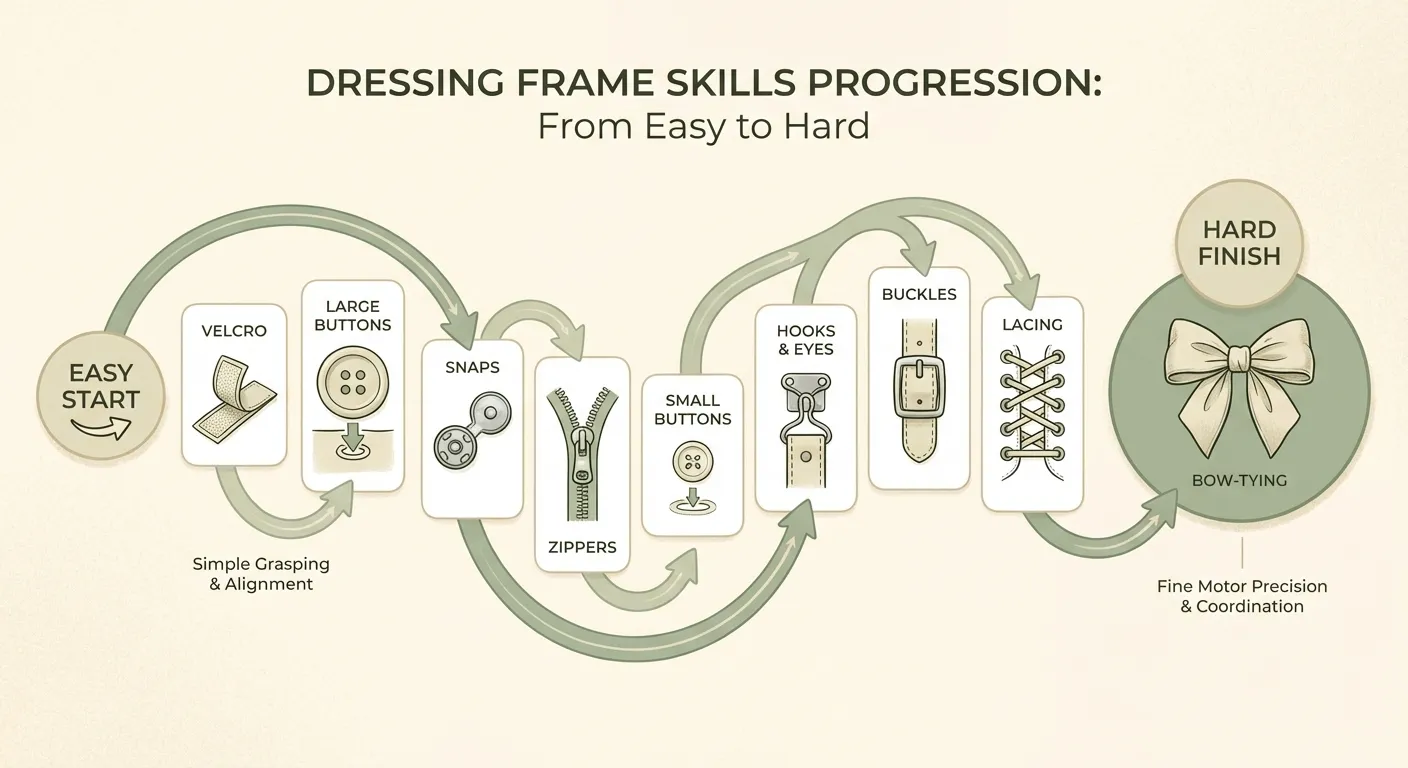 Visual progression of dressing frame skills from easy to advanced