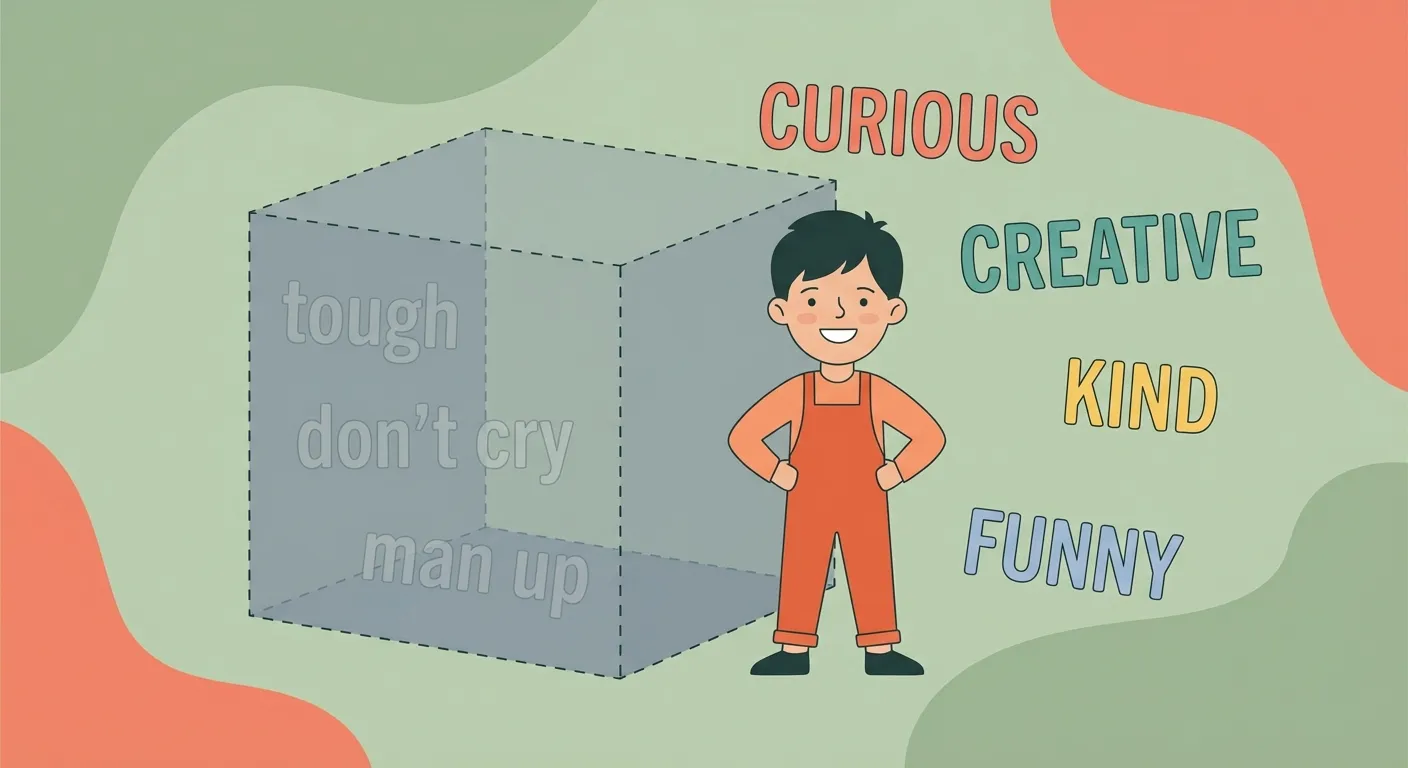 Illustration of a boy standing outside a box, surrounded by words like curious, creative, kind