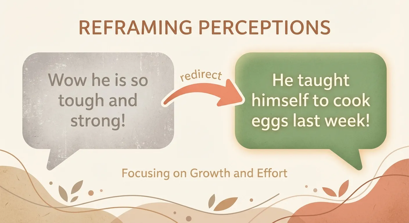 Two speech bubbles: one faded saying 'so tough and strong', one vibrant saying 'he taught himself to cook eggs'