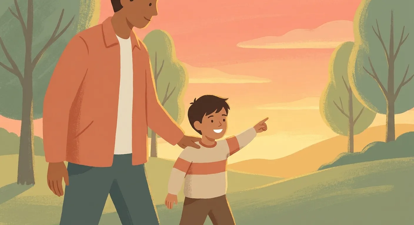 Illustration of a parent and child walking together outdoors