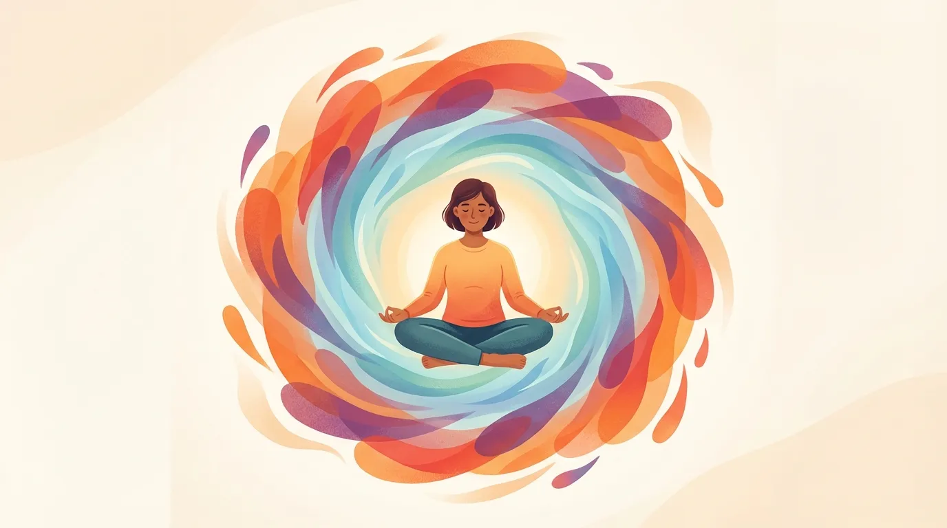 A calm parent sitting quietly while a storm of emotions swirls around them, gradually settling into calm