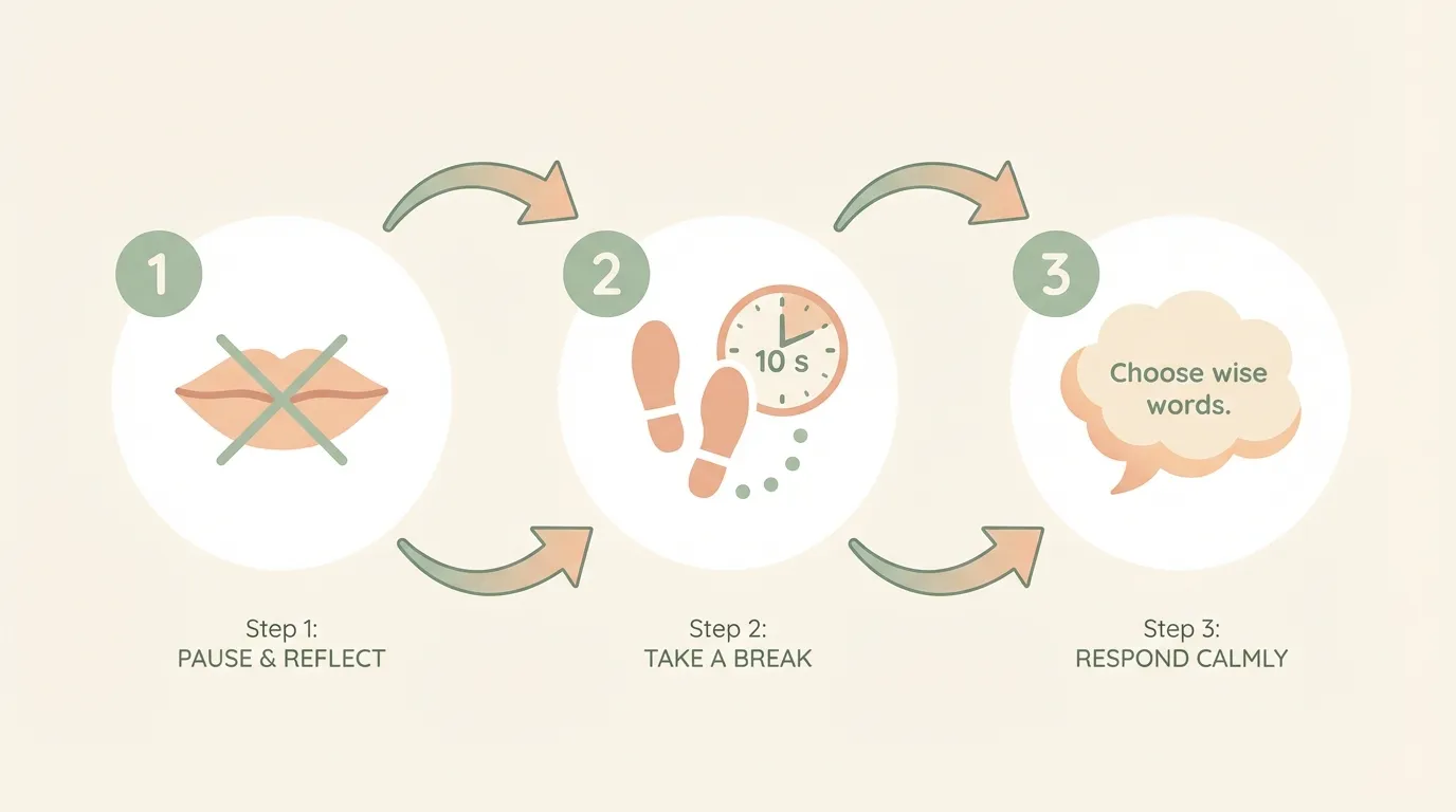 Visual diagram showing the 10-second protocol: seal lips, create distance, return calm