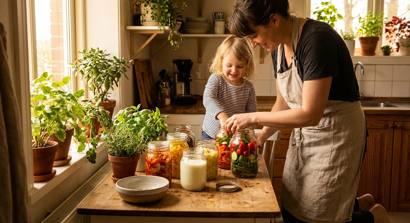 Parent and child preparing fermented foods together in a warm kitchen