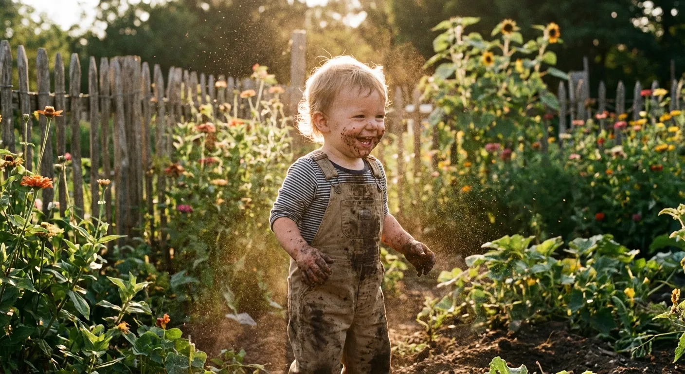 A joyful child playing in garden soil surrounded by greenery and sunlight