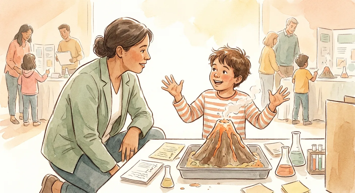 Child's hands building a science project volcano, surrounded by earlier failed attempts and colorful mixture cups