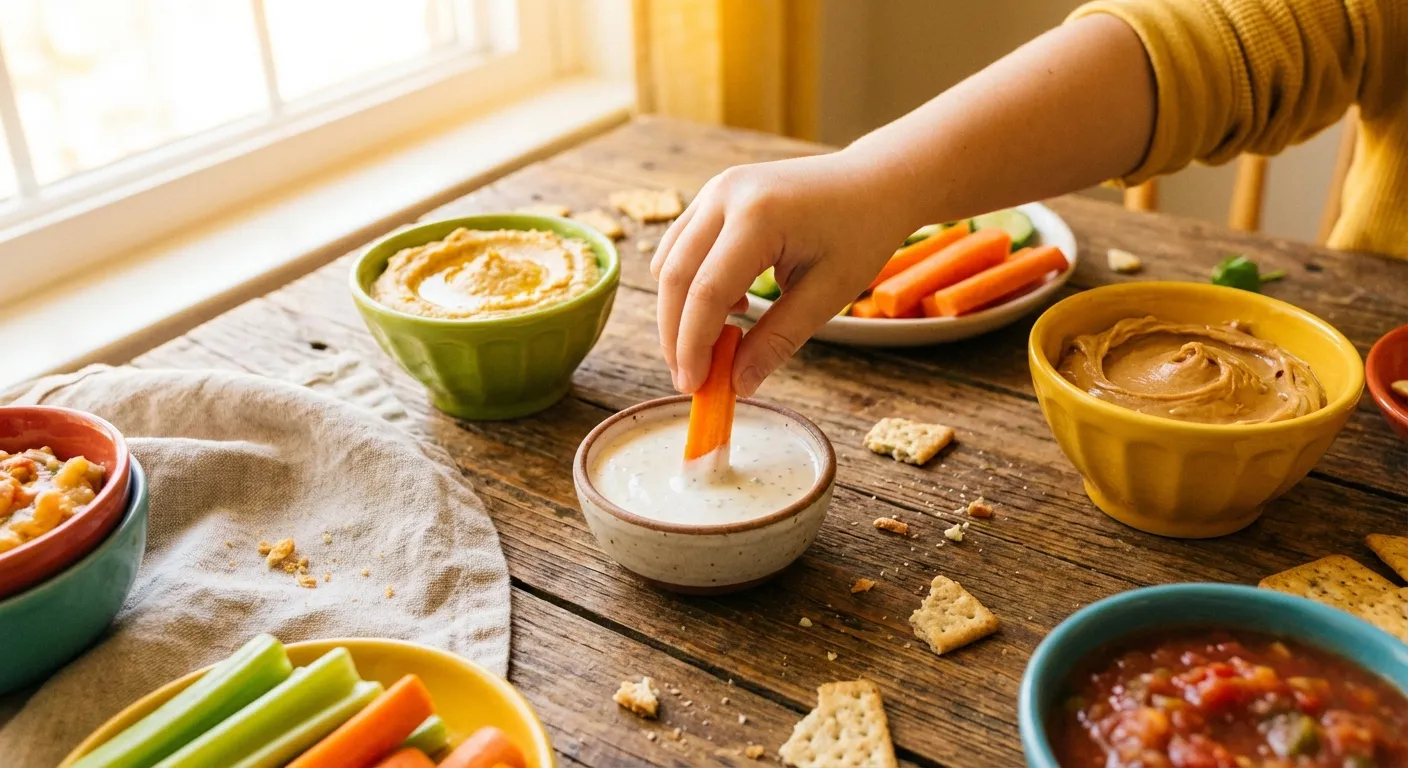 Colorful dipping station with bowls of ranch, hummus, peanut butter, and salsa alongside vegetables