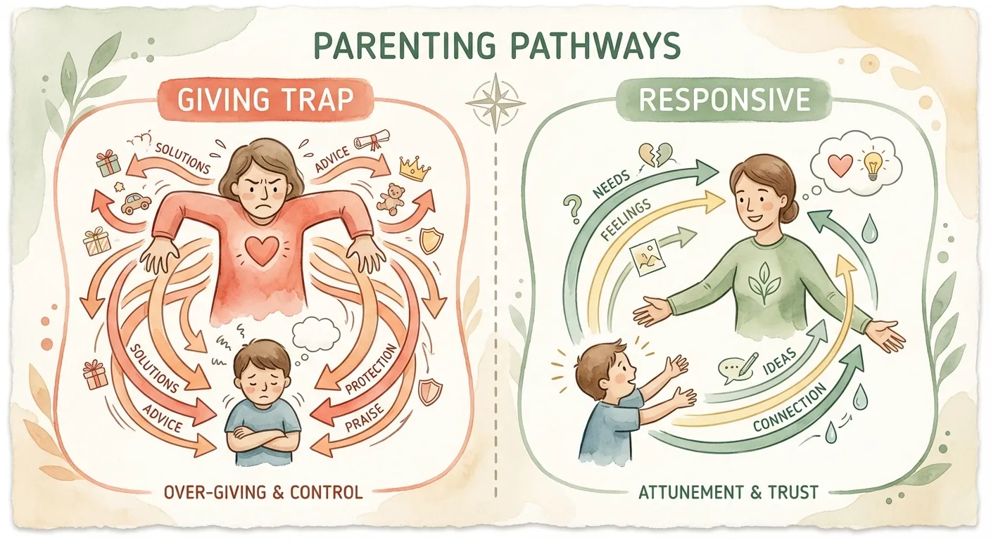 Two paths: giving trap vs responsive parenting flow diagram