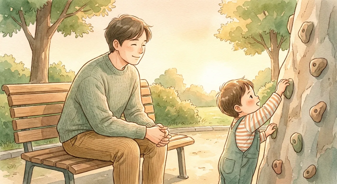 Parent sitting peacefully on a bench while child climbs independently